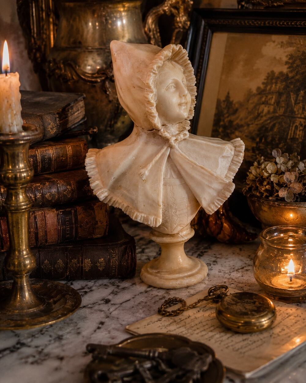 Antique Italian Hand Carved Alabaster Girl Bust Victorian Bonnet Sculpture